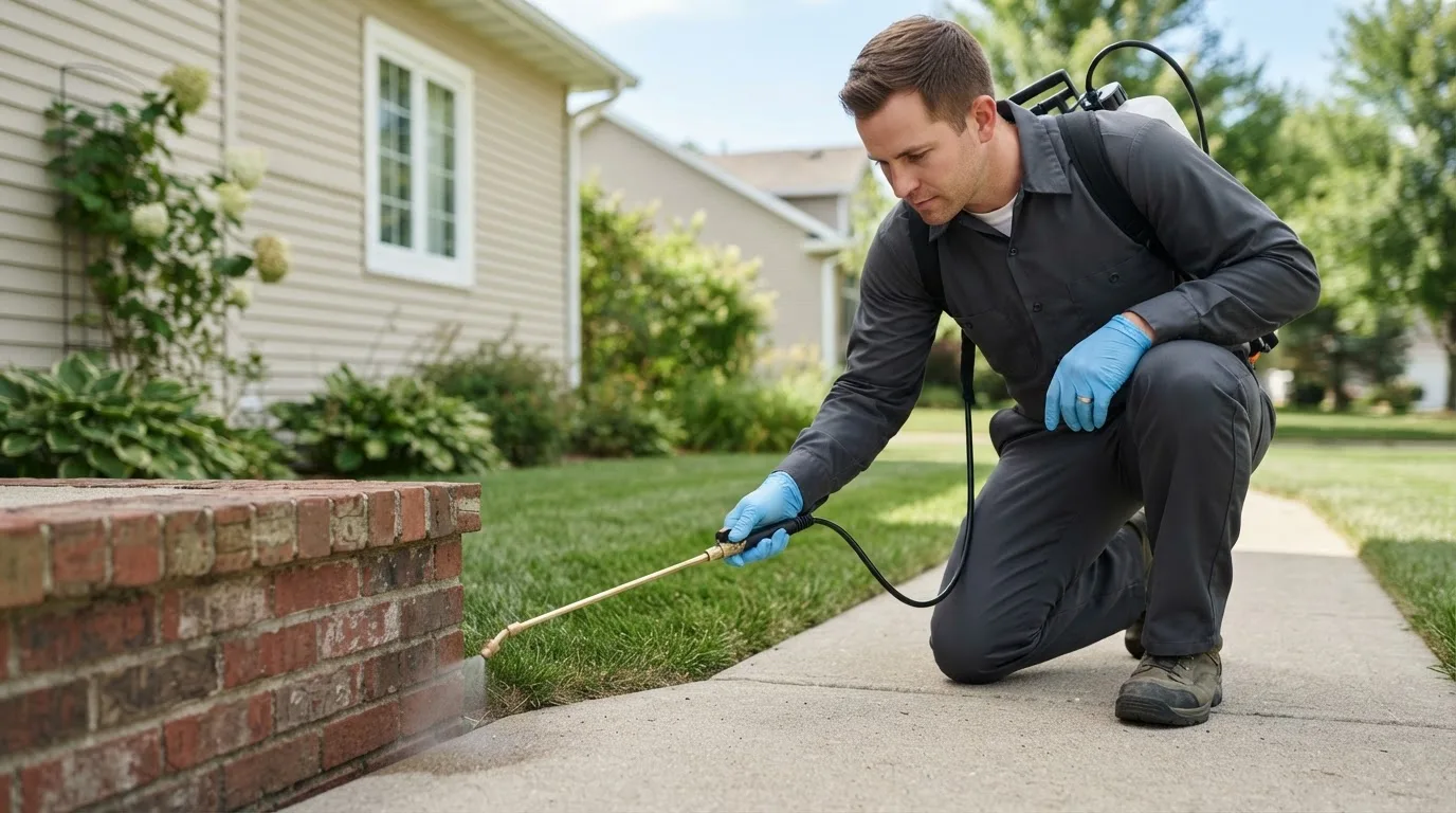 Pest control technician treating a home near Waitsfield, VT
